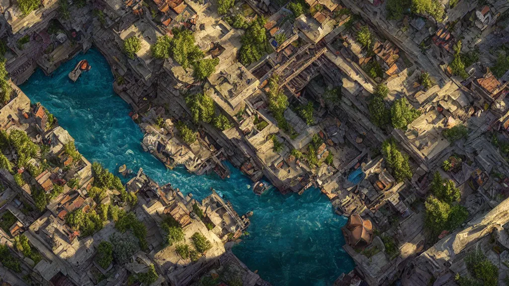 Prompt: a Photorealistic hyperrealistic render of a birdseye view looking down at a shadycreek run, a medieval town, dungeons and dragons, by Greg Rutkowski,Vitaly Bugarov,Stephan Martiniere,Nicolas Bouvier SPARTH,James Paick,dramatic moody sunset lighting,long shadows,Volumetric, cinematic atmosphere, Octane Render,Artstation,8k