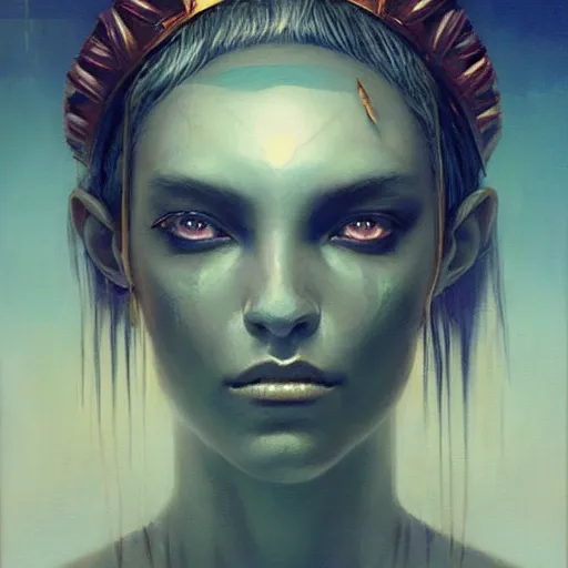 Image similar to an acrylic on canvas portrait painting of a beautiful alien priestess by Greg Rutkowski, Artgerm and Beksinski. Epic fantasy art. Golden ratio.