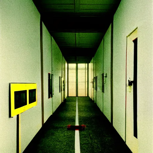 Prompt: noisy color photograph of a retrofuturist liminal space, laboratory, prison, minimalist, cinematic
