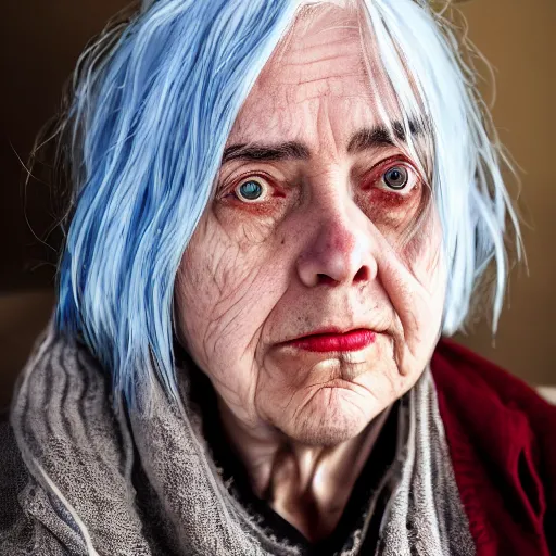 Image similar to Billie Eilish as an old lady, XF IQ4, 150MP, 50mm, F1.4, ISO 200, 1/160s, natural light