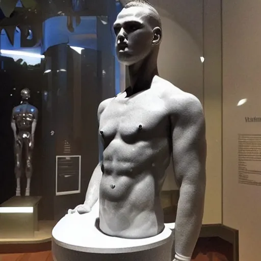 Image similar to “a realistic detailed photo of a guy who is an attractive humanoid who is half robot and half humanoid, who is a male android, baseball player Mike Trout, shiny skin, posing like a statue, blank stare, at a museum, on display”