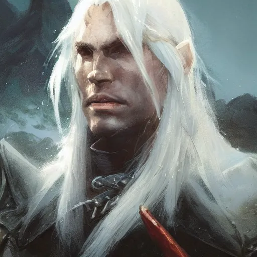 Prompt: closeup portrait of drizzt do'urden, drow elf, dungeons and dragons character, castle background, gorgeous view, realistic, high detail, digital art, painted by greg rutkowski, painted by jeremy mann, trending on artstation