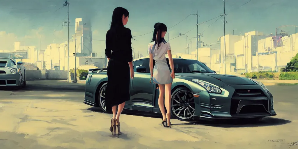 Image similar to A ultradetailed beautiful panting of a stylish girl standing in front of a Nissan GTR, Oil painting, by Ilya Kuvshinov, Greg Rutkowski and Makoto Shinkai