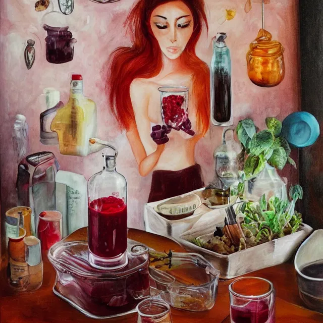 Prompt: sensual, a portrait in a female art student's apartment, berry juice drips, pancakes, soymilk, cinnamon, maple syrup, woman holding pork from inside a painting, berries, alpaca, houseplants in scientific glassware, art supplies, white candles, neo - expressionism, surrealism, acrylic and spray paint and oilstick on canvas