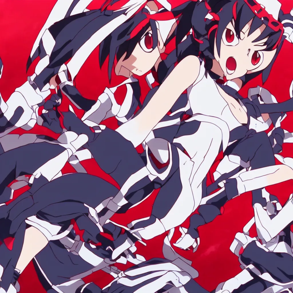 Image similar to Ryuko Matoi in an action pose, full-body high-angle shot, still from anime