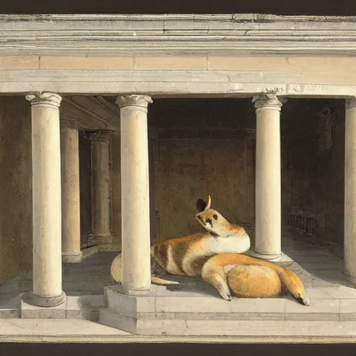 Image similar to a loggia from procida with a sleeping shiba inu by martinus rørbye, 1 8 3 5,