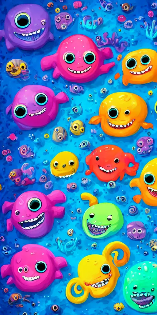 Image similar to colorful cloudy deep sea under water with strange cute friendly happy creatures with huge eyes, mouth, long tongue and round teeth appearing from sandy coral