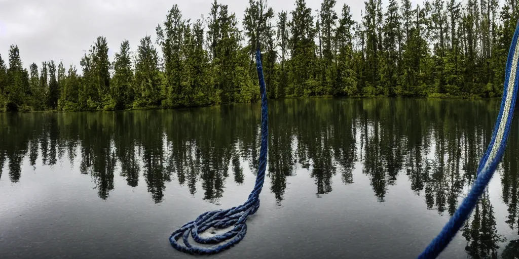 Prompt: photograph of a long rope floating on the surface of the water, the rope is snaking from the foreground stretching out towards the vortex sinkhole center of the lake, a dark lake on a cloudy day, mood, trees in the background, anamorphic lens