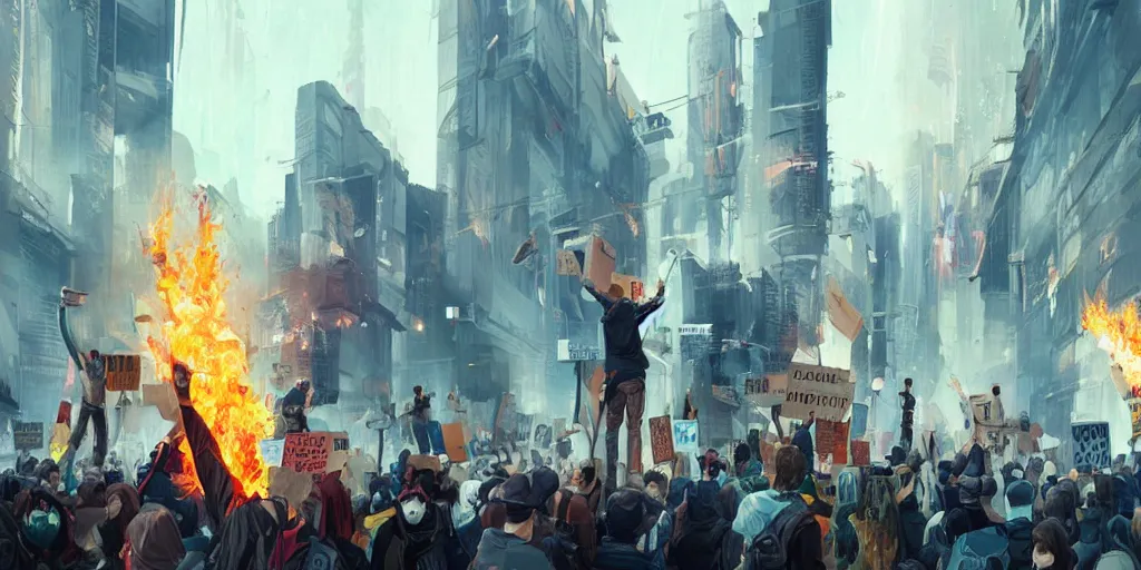 Image similar to protesters holding placards, detailed digital illustration by greg rutkowski, fire, forced perspective, android netrunner