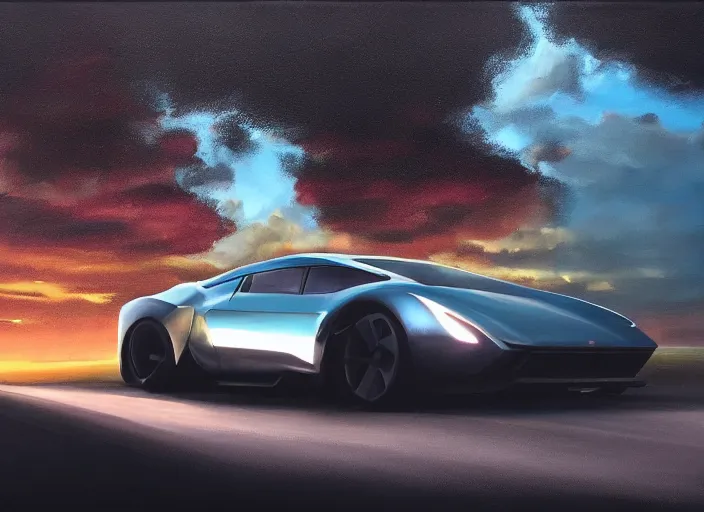 Image similar to cinematic fast futuristic sportscar in a lush field, shiny, oil on canvas, beautiful lighting, photorealistic, sharp, sunset, by scott robertson