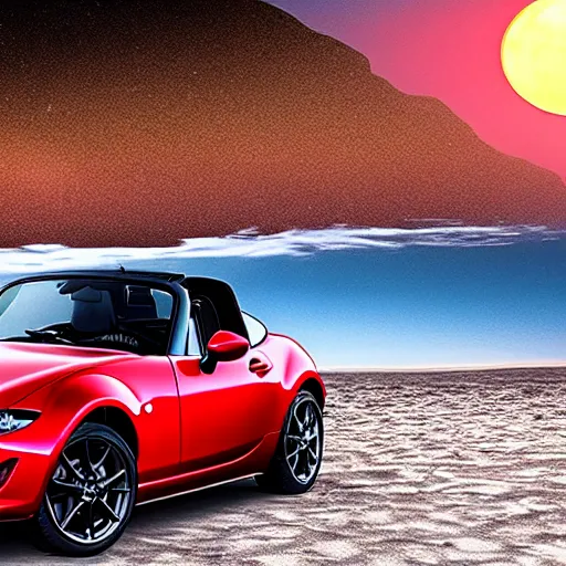 Prompt: a red Mazda MX-5 parked on a beach in the moonlight 4k photorealistic