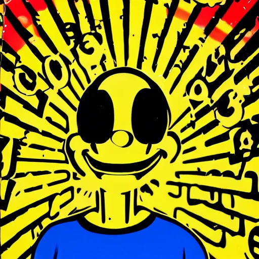 Image similar to a mad raver dancing at a warehouse rave 1988, acid house, smiley face t-shirt, XTC, photorealistic, depth of field, 16k resolution, 35mm camera wideangle