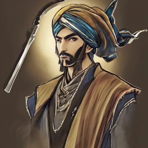 Image similar to an illustration for a new video game, by square enix, about a hero who fights for his nation, the depiction of a very beautiful face, wearing a turban and also a black horse, his clothes are very desert patterned, and also symmetrical, perfect shape, and also very detailed, this illustration is drawn by yoshitaka amano