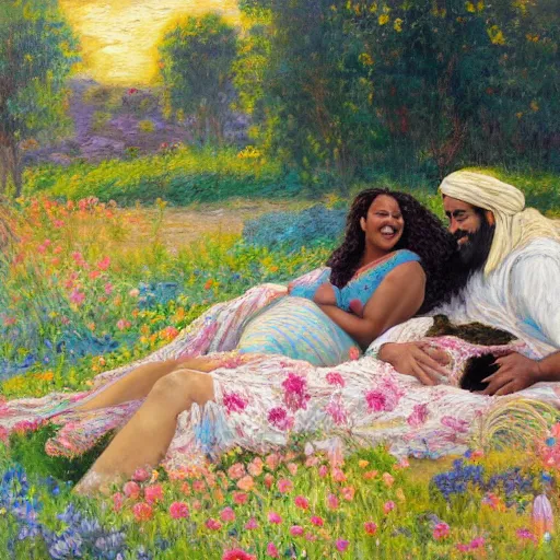 Image similar to egyptian man with long curly hair in a field of flowers, alongside a pregnant black woman with curly hair, laying down, picnic, with a tiny black puppy in the middle, golden hour, vintage, impressionist painting, fine art, oil painting, dreamy, pastel, laughing, happy, intricate details, sharp, peaceful, serene