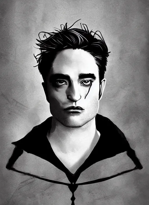 Image similar to well - shaven robert pattinson, black outfit, cape, in the style of tom bagshaw, sandman, misty endless dream cinematic background, netflix sandman