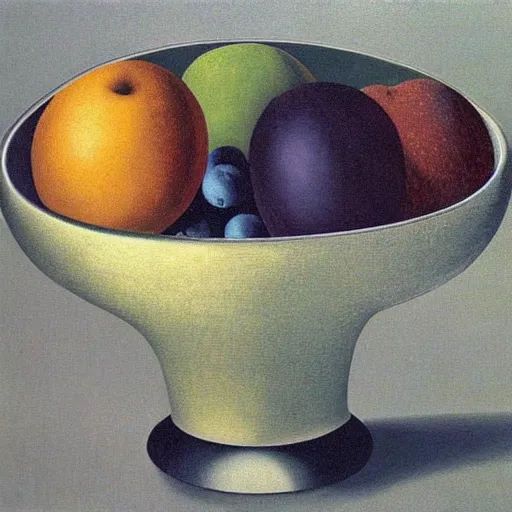 Image similar to surreal bowl of fruit by Rene Magritte