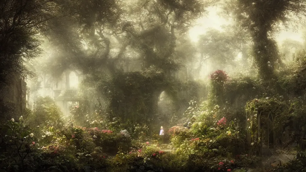 Prompt: a secret garden is overgrown and barren. andreas achenbach, artgerm, mikko lagerstedt, zack snyder, tokujin yoshioka