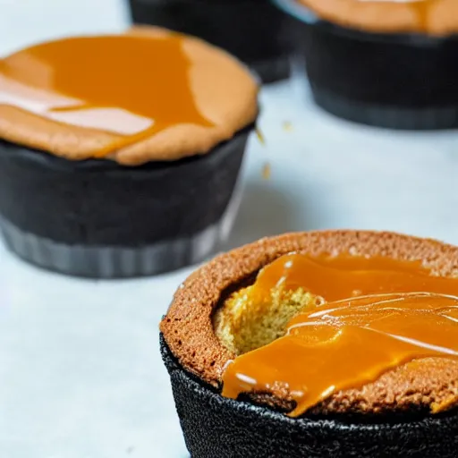 Image similar to a caramel toffee soufflé, cooked by a professional chef named santonio