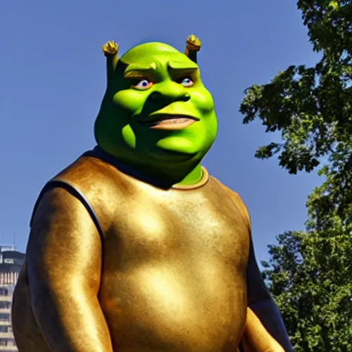 Prompt: the city unveiled a large golden statue of shrek