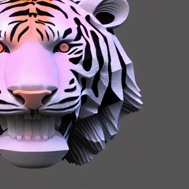 Image similar to 4 k 3 d render of a gigantic tiger head made of crystaline rose quartz, symetrical features.