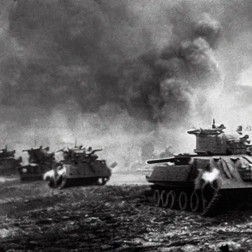 Image similar to photo of a large tank battle in WW1 cinematic framing