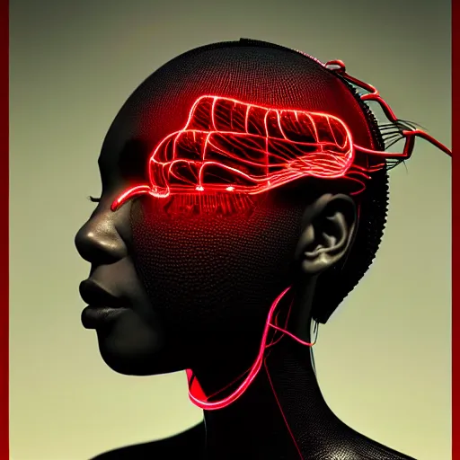 Image similar to portrait of an absurdly beautiful, graceful, sophisticated, fashionable black cyberpunk mechanoid gravure idol, hyperdetailed illustration by irakli nadar, adut akech, matt wisniewski style, intricate linework, dark black porcelain skin, jellyfish headdress, unreal engine 5 highly rendered, global illumination, red light, detailed and intricate environment