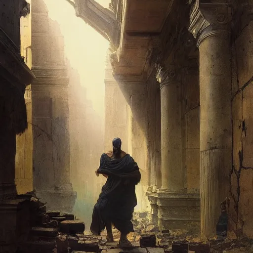 Image similar to half portait of magican wearing a closed cowl and carrying big old book! chained to the wrist, jeremy mann, jean leon gerome, tiepolo, alphonse mucha, greg rutkowski, face in the shadows, ( ( ruins of ancient rome ) ), at dusk, mysterious atmosphere, sunrays, dof, high detailed, 8 k