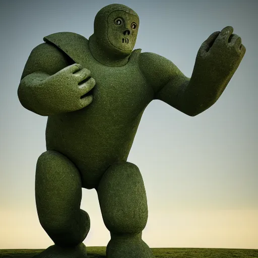 Image similar to a giant friendly golem made out of stone in a fantasy world, the golem body is full of algae,award winning photography, Cinema 4d render , HDR, studio lighting, dynamic pose, long shot, shot on Canon EOS R5, f/2.5,