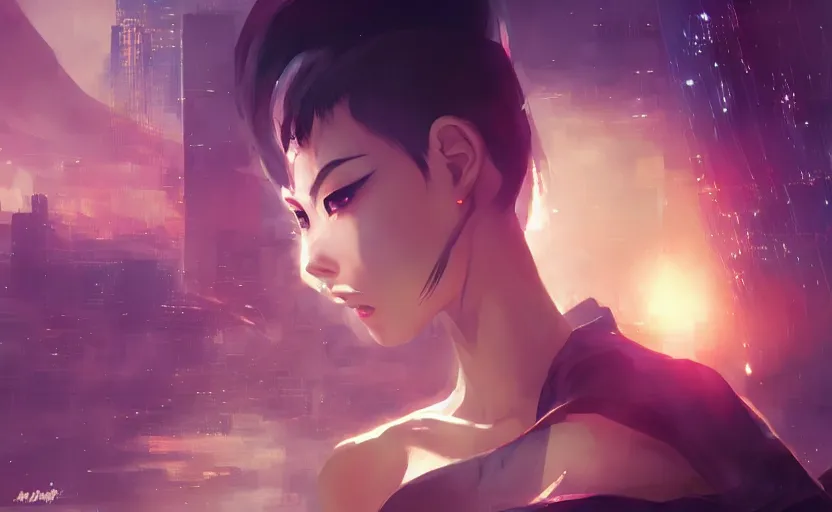 Image similar to beautiful Vietnamese woman, sci-fi fashion, buzz cut hair, scene of a city, dramatic light, wide angle, dramatic pose, dramatic angle , 8k hdr pixiv by Makoto Shinkai and Wojtek Fus