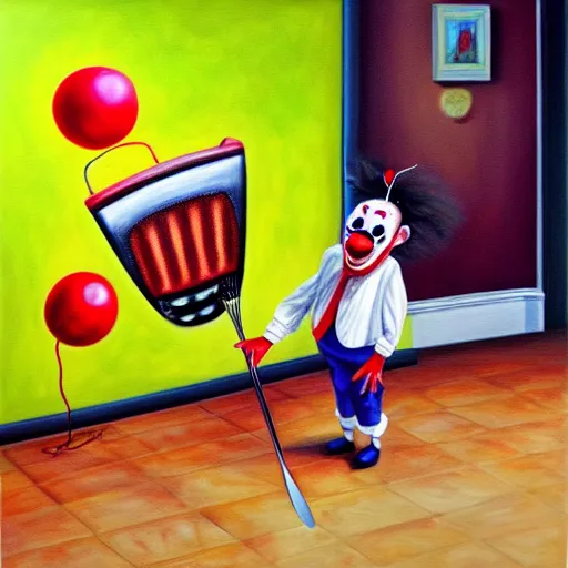 Image similar to hyperrealism painting from the housefly perspective getting swatted at from an angry and sick clown man with a fly swatter in the kitchen