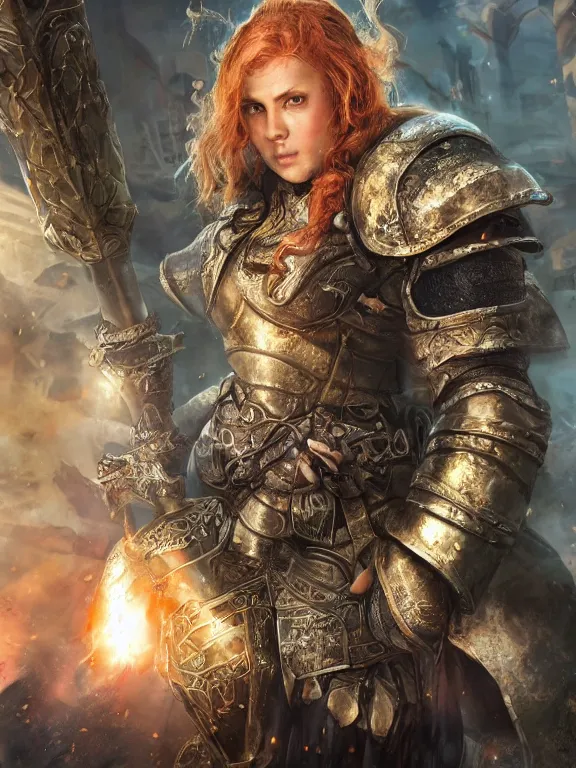 Image similar to dwarven woman, ginger hair, green eyes, holding hammer in one hand shield on the other, with plate armour ultra realistic , lens flare, atmosphere, glow, detailed, intricate, full of colour, cinematic lighting, trending on artstation, 4k, hyperrealistic, focused, extreme details, unreal engine 5, cinematic, masterpiece