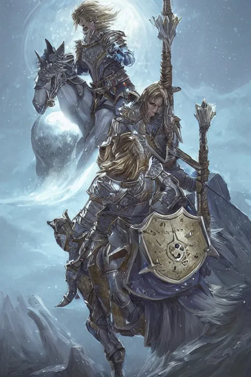 Prompt: Fantasy Paladin holding a tower shield and a spear, wearing an intricate azure full plated armor, Wolf companion by their side, moonlit, HD, illustration, epic, D&D, fantasy, intricate, elegant, highly detailed, digital painting, artstation, concept art, smooth, sharp focus, illustration, art by artgerm and greg rutkowski and alphonse mucha