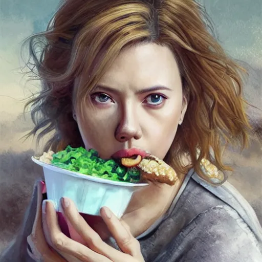 Prompt: dynamic composition, motion, ultra-detailed, incredibly detailed, a lot of details, amazing fine details and brush strokes, colorful and grayish palette, smooth, HD semirealistic anime CG concept art digital painting, watercolor oil painting of Scarlett Johansson eating a big mac, by a Chinese artist at ArtStation, by Huang Guangjian, Fenghua Zhong, Ruan Jia, Xin Jin and Wei Chang. Realistic artwork of a Chinese videogame, gradients, gentle an harmonic grayish colors