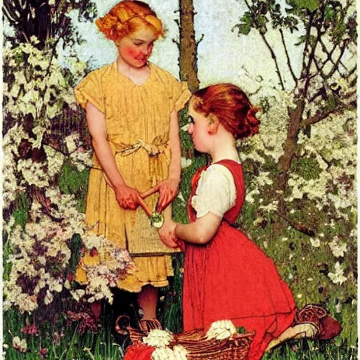 Prompt: Persephone in Spring, by Norman Rockwell, warm glow, busy composition