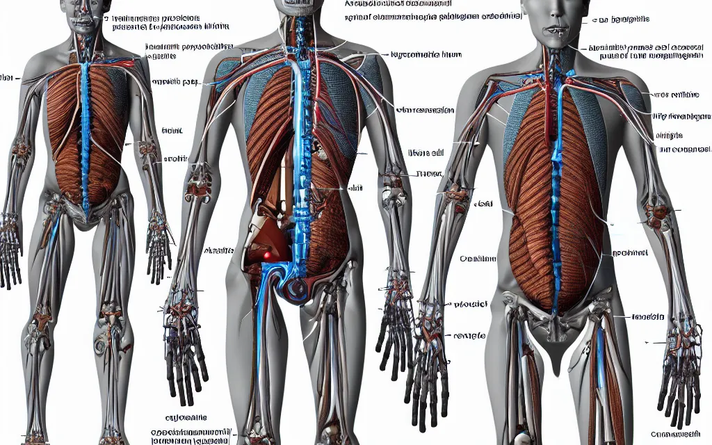 Prompt: diagram of cyborg humans'future biomechanical evolution, scientific anatomical diagram