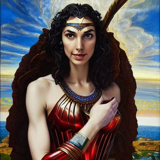 Image similar to Full body oil painting of the beautiful goddess Gal Gadot, she is egyptian, she is wearing a strophion and a surreal ornate, her hair is natural disheveled, she is approaching heaven over the clouds, naturalism, dramatic lighting, high-detailed oil painting by Ilya Repin, Michelangelo da Caravaggio, William Blake, Alex Grey and Beksinski, trending on Artsation, hystorical painting, naturalism, masterpiece, 4k, 8k,