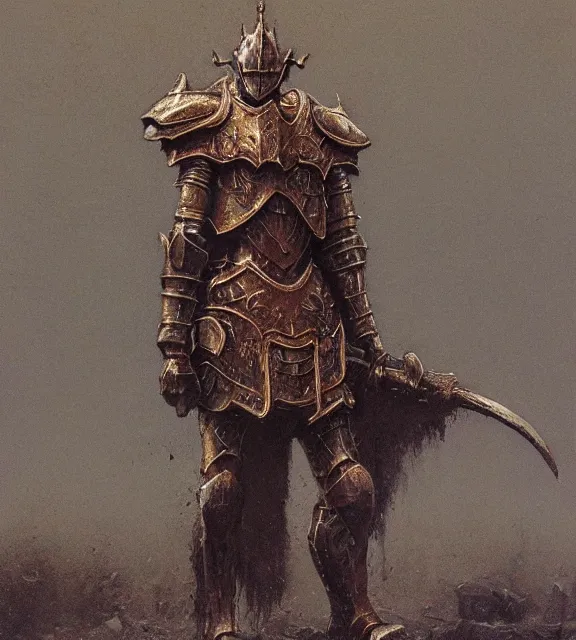 Image similar to royal knight in golden sun ornament armor, dismounted, beksinski, trending on artstation