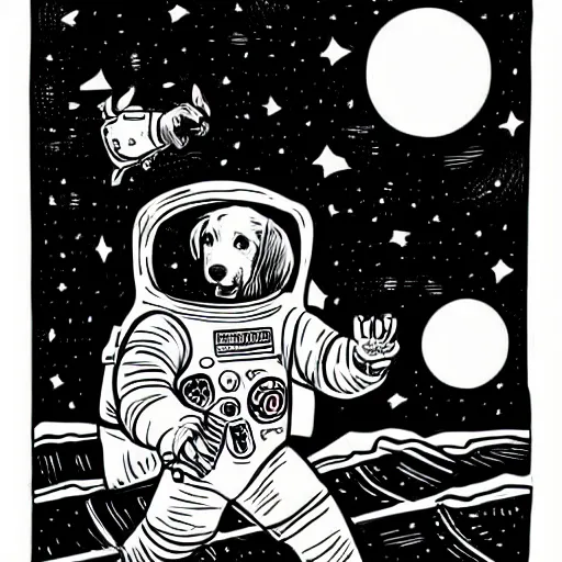 Prompt: mcbess illustration of a dog in a spacesuit In space