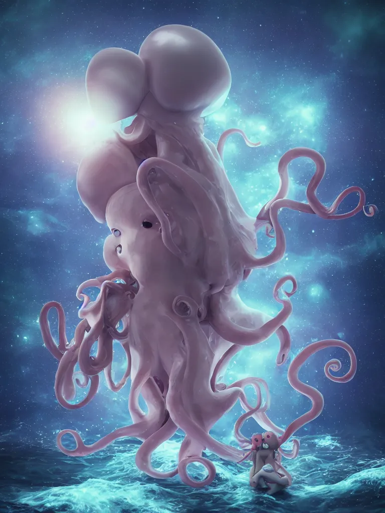 Image similar to cute fumo plush gothic octopus maiden alien girl combing her hair in the waves of the dark galactic abyss, ocean waves and reflective splashing water, ocean simulation, vignette, vray