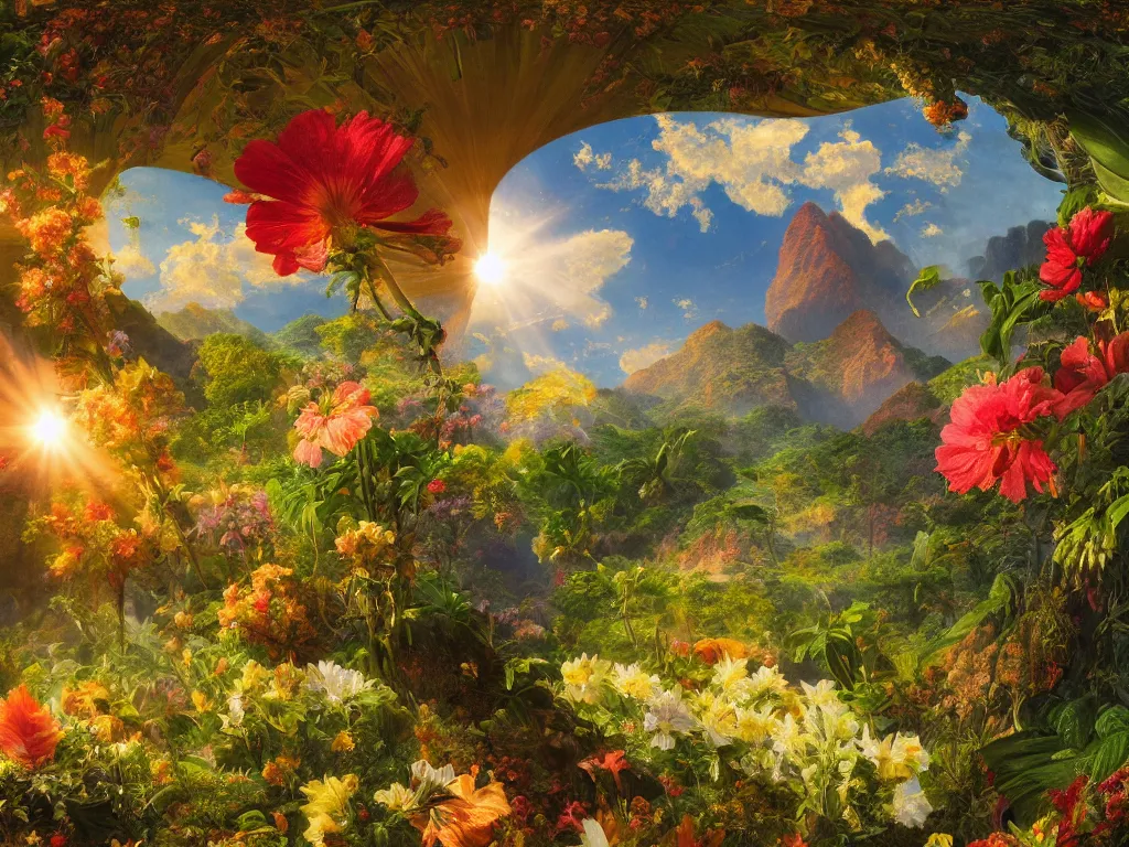 Image similar to kauai springtime, universe is a spheroid region 7 0 5 meters in diameter, sunlight study, by jan davidsz de heem and ( ( ( ( ( lisa frank ) ) ) ) ) and frederic edwin church, art nouveau, oil - painting, 3 d render, 8 k, extreme detail, sharp focus, octane render