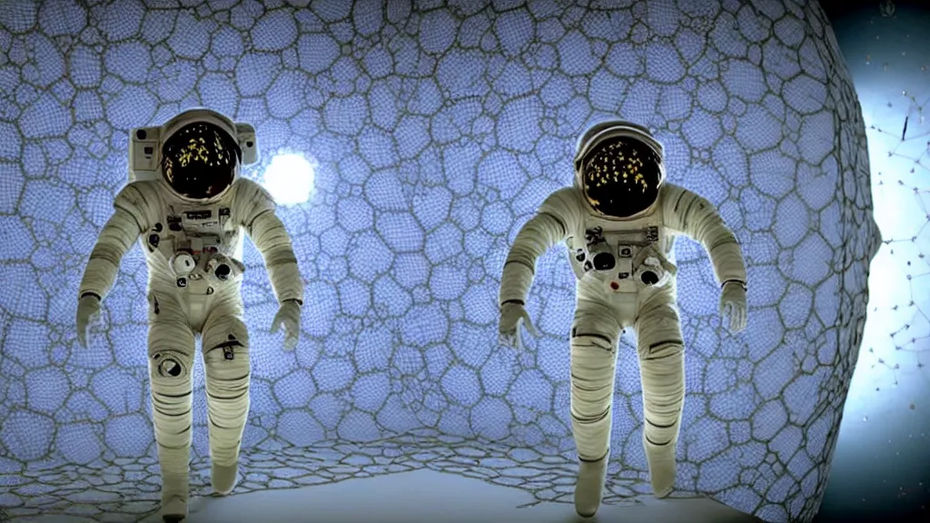 Image similar to a single astronaut eva suit made with diamond 3d fractal lace iridescent bubble 3d skin and covered with insectoid compound eye camera lenses floats through the living room, film still from the movie directed by Denis Villeneuve with art direction by Salvador Dalí, wide lens,