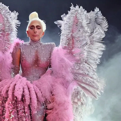 Image similar to Lady gaga in a pink dress standing in front of a crowd, a hologram by Alexander McQueen, trending on pexels, kitsch movement, made of feathers, ethereal, made of crystals