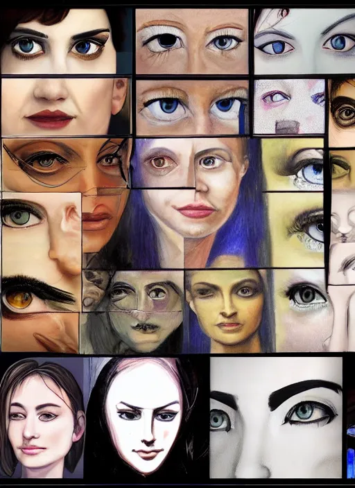 Image similar to diverse eyes!, life, hybrids, thin details, reflections, vitals visualiser!!, advanced art, art styles mix, from wikipedia, grid of styles