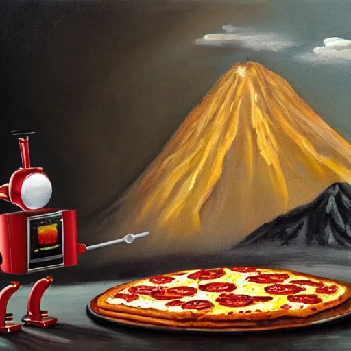 Prompt: robot cooking pizza in front of a volcano, oil painting, dark