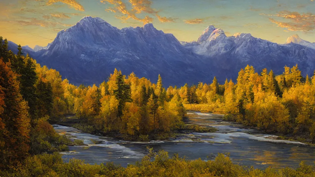 Image similar to The most beautiful panoramic landscape, oil painting, where the mountains are towering over the valley below their peaks shrouded in mist. The sun is just peeking over the horizon producing an awesome flare and the sky is ablaze with warm colors and cirrus clouds. The river is winding its way through the valley and the trees are starting to turn yellow and red, by Greg Rutkowski, aerial view