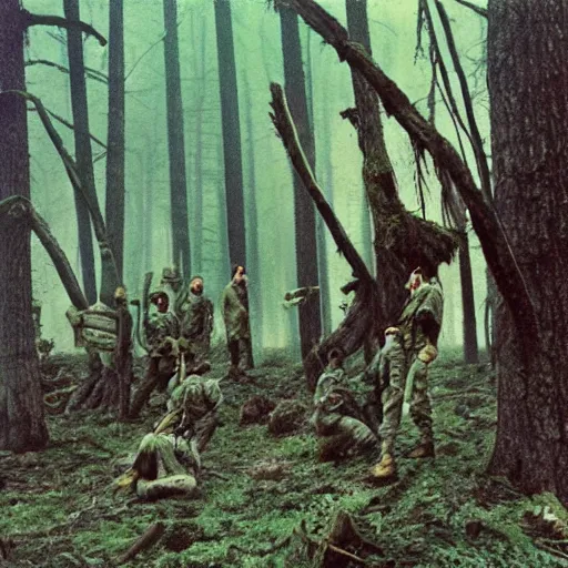 Prompt: wide shot, a squad of dead American Soldiers hung on trees, deep in the thick forest, painting, colored, eerie, Lovecraftian, eldritch horror, 1969