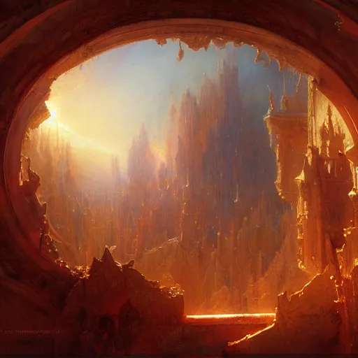 Image similar to a chapel's ceiling is broken in half as a red magical portal from hell opens up there. highly detailed painting by gaston bussiere, greg rutkowski, craig mullins 8 k