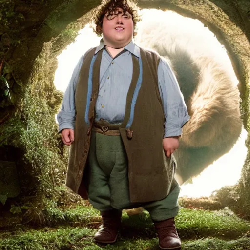 Prompt: chubby british lad as Bartook a teen hobbit with short curly dark brown hair wearing a blue vest with a white sash standing next to a giant rabbit, high resolution film still, movie by Peter Jackson