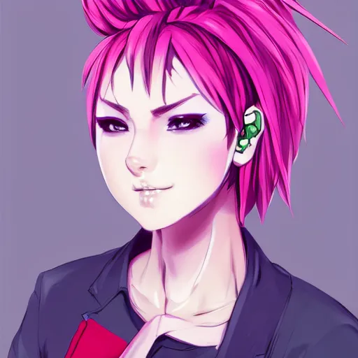 Image similar to full headshot portrait of anime woman with pink mohawk punk, digital art, drawn by WLOP, by Avetetsuya Studios, anime manga panel, trending on artstation, wearing a plaid shirt