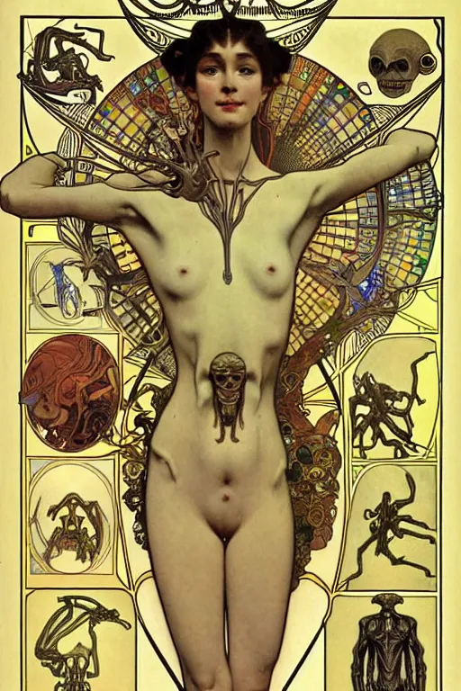 Image similar to anatomically accurate diagram of alien species, full body, intricate parts, fine details, hyper realistic, elegant minimalism, by seichen, alphonse mucha, surreal